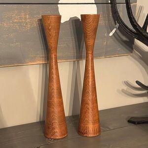 Danish MCM teak 11” vintage 11” candle holder pair
